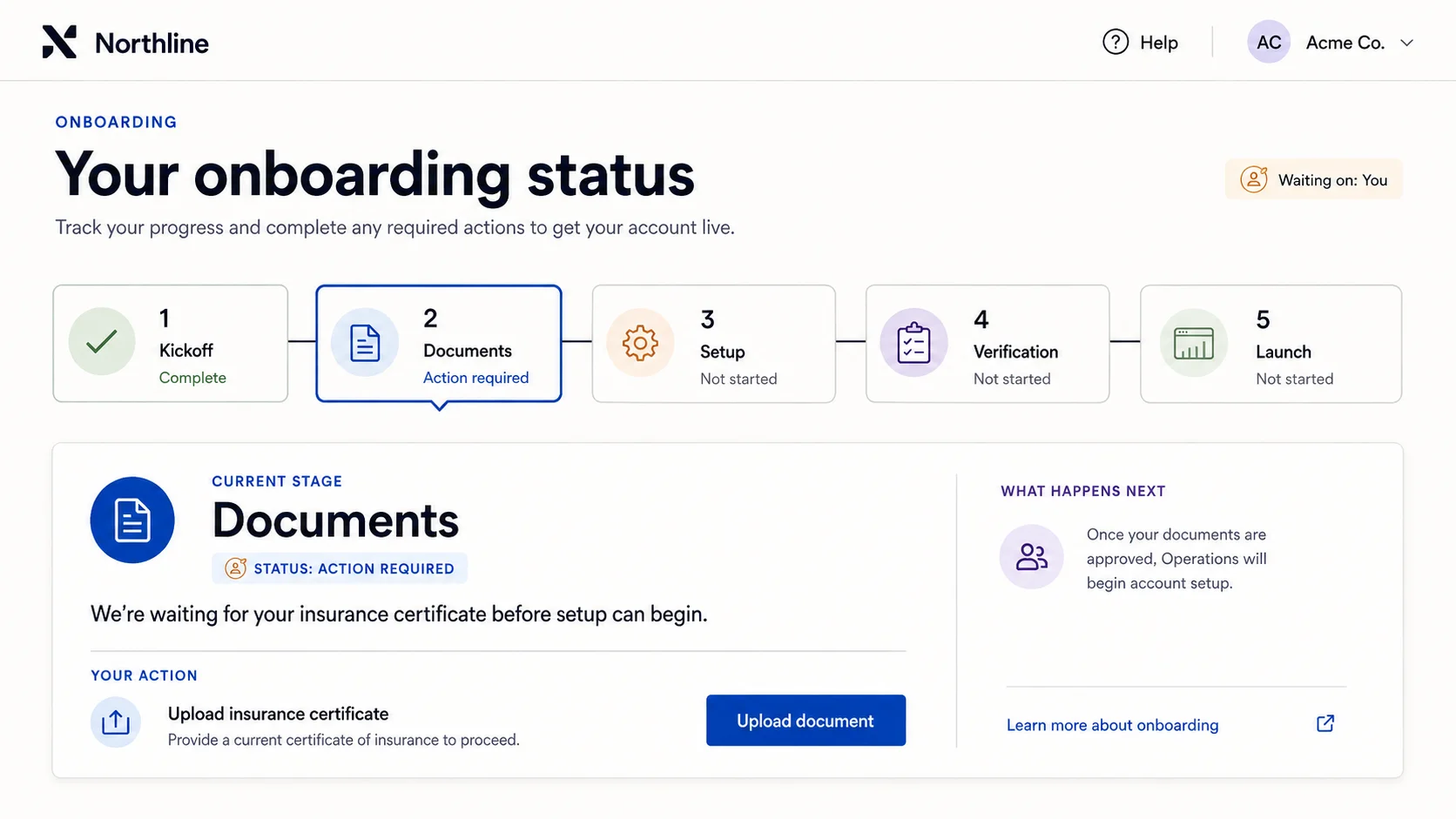 Customer portal showing Documents as the active onboarding stage, an action required status, an insurance certificate upload action and what happens next.